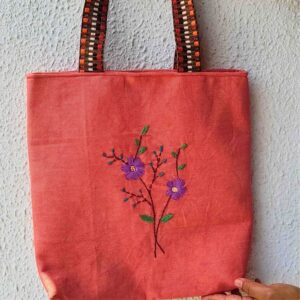 Hand Embroidered Cotton Tote Bag | Orange Tote Bag with Purple Floral Embroidery | Handmade Everyday Tote for Women