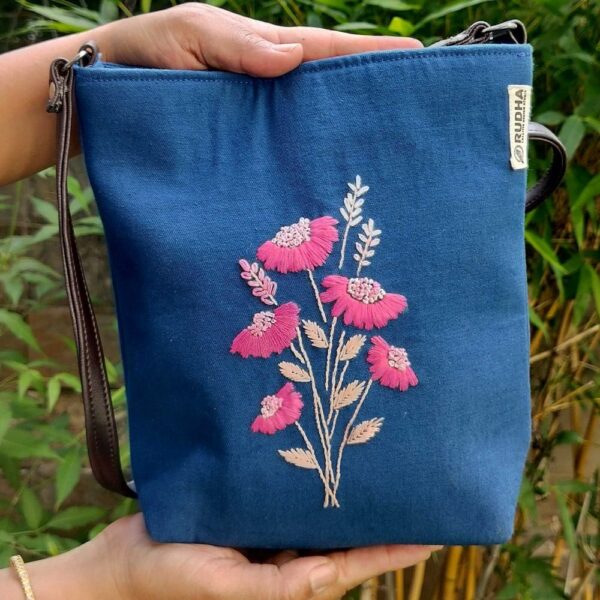 Pink Flower Hand Embroidered Sling Bag | Cotton HandBags for Women - Image 3
