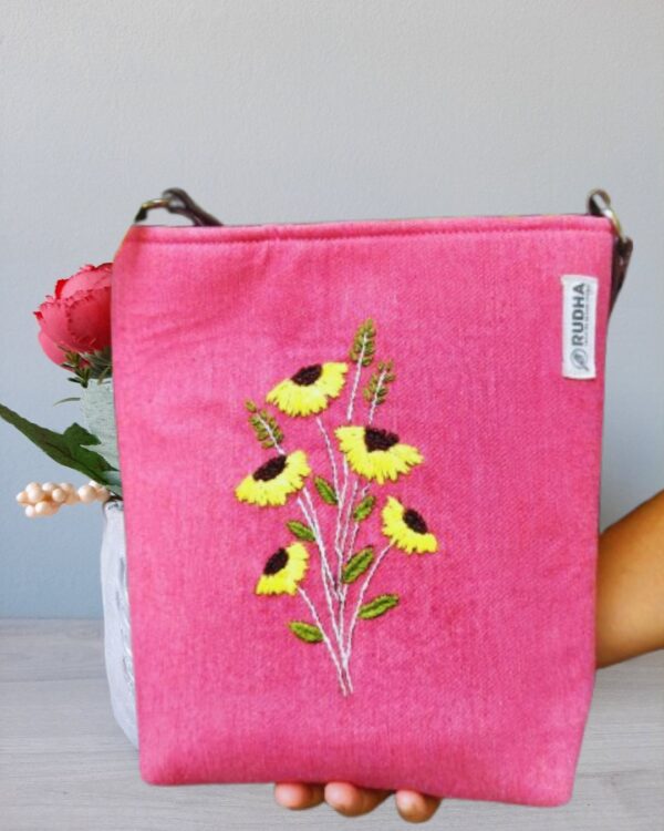 Yellow Flower Pink handcrafted Sling Bag, Sling bags for Girls - Image 4