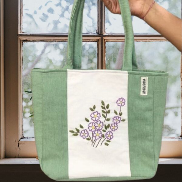 Hand embroidered Green Small Cotton Tote Bag | Tote Bags for Women - Image 4