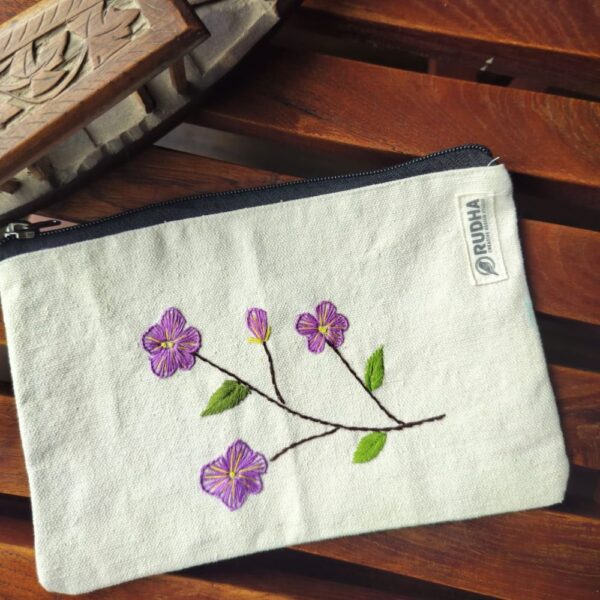 Floral Fabric Zipper Pouch with hand embroidery, Travel Zipper Pouch - 22 x 14 - Image 2