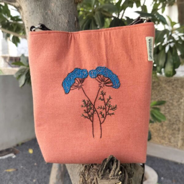 Blue Flower - Orange Sling Bag for women | Hand embroidery Sling Bags - Image 3
