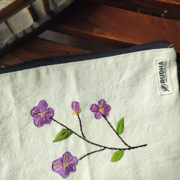 Floral Fabric Zipper Pouch with hand embroidery, Travel Zipper Pouch - 22 x 14 - Image 3