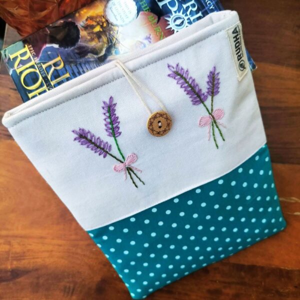 Purple Leaves Fabric book pouch, Padded book cover, Handmade Book Sleeve - Image 4