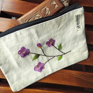 Floral Fabric Zipper Pouch with hand embroidery, Travel Zipper Pouch - 22 x 14