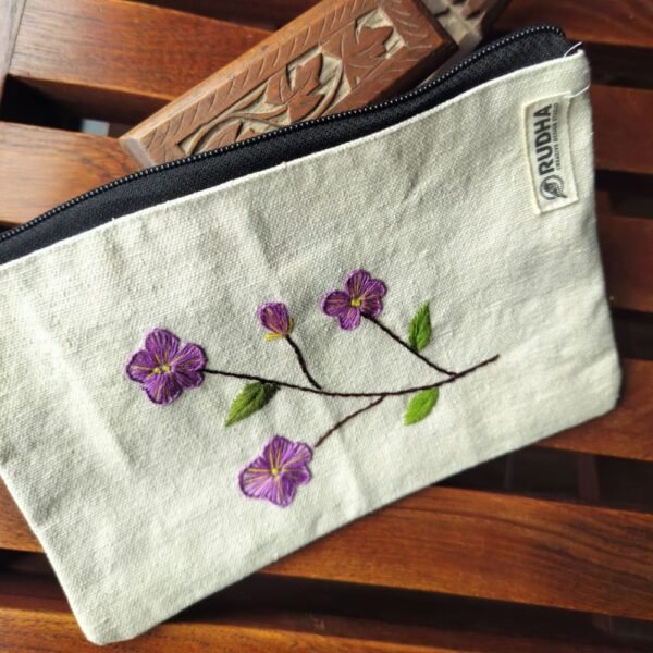 Floral Fabric Zipper Pouch with hand embroidery, Travel Zipper Pouch - 22 x 14