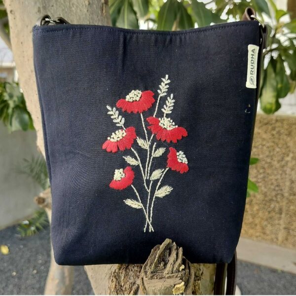 Red Flower Black Cotton Sling Bags | Hand embroidery bags for Women - Image 3