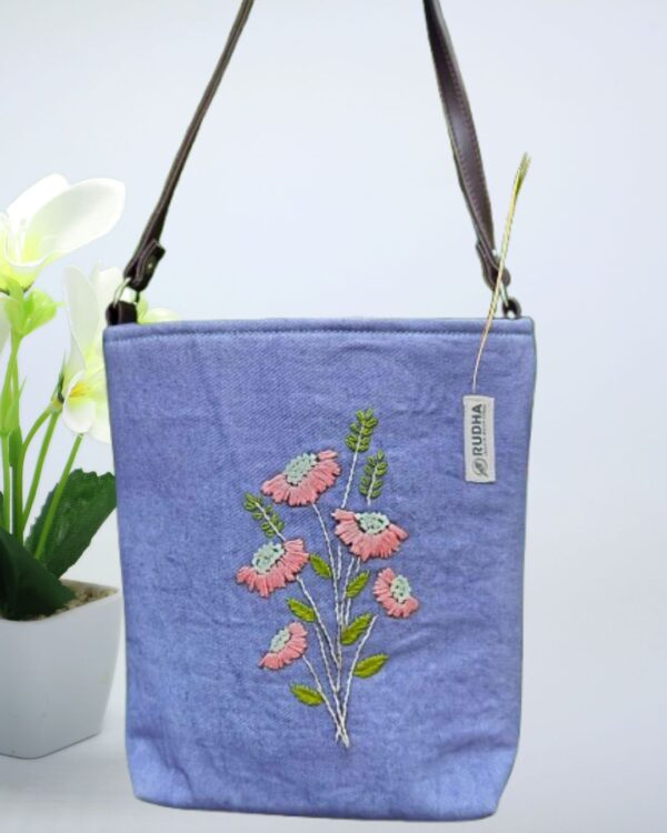 Peach Flower - Blue Sling Bag | Cotton Sling Bags for Women - Image 4