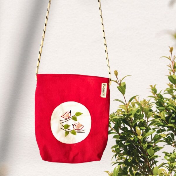 Handcrafted Sling Bags for women, Red Bird embroidered bag - Image 3