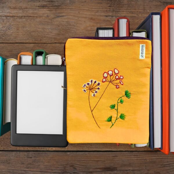 Yellow Fabric Ipad Pouch, Book Protector, Padded hand embroidered ipad sleeve - Image 2