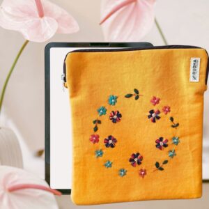 Yellow Fabric Ipad Pouch, Book Protector, Padded hand embroidered ipad sleeve