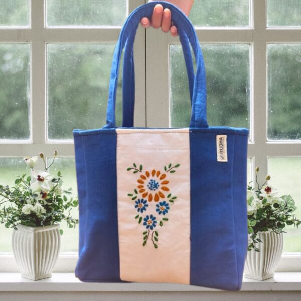 Hand embroidered Blue Small Cotton Tote Bag | Tote Bags for Women - Image 4