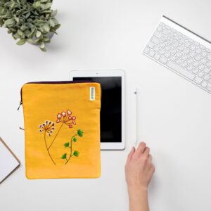 Yellow Fabric Ipad Pouch, Book Protector, Padded hand embroidered ipad sleeve