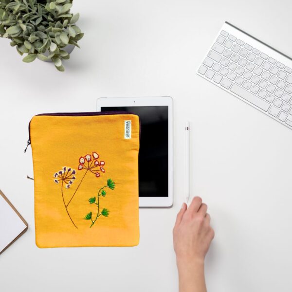 Yellow Fabric Ipad Pouch, Book Protector, Padded hand embroidered ipad sleeve