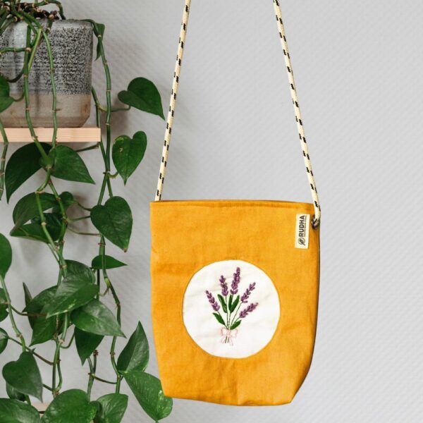 Yellow Cotton Cloth Sling bags, Bucket bags for Girls, hand embroidered bags - Image 3