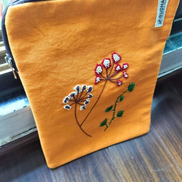 Yellow Fabric Ipad Pouch, Book Protector, Padded hand embroidered ipad sleeve - Image 3