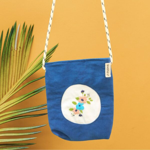 Blue bucket bag for girls, Hand embroidered Floral Sling Bag for Women - Image 3