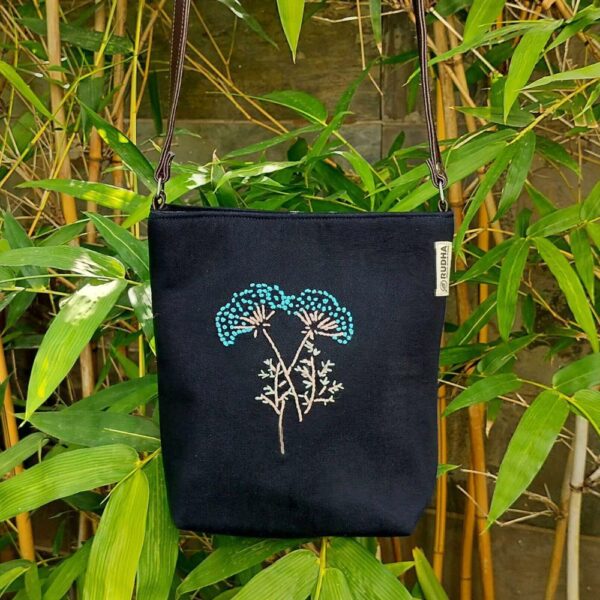 Blue Flower Black Sling Bag for Girls| Cotton Hand embroidered bags for Women - Image 3