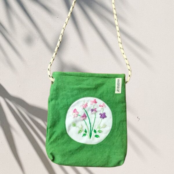 Flower embroidery Cotton Sling Bag, Green Sling Bags for Outing, Small Sling bag - Image 4