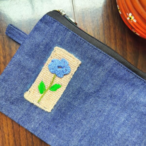 Blue Flower Cotton Travel Pouch for Women | Denim Zipper Pouch - Image 2