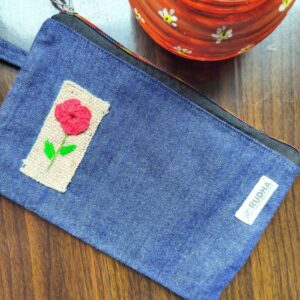 Red Flower Multipurpose Fabric Pouch for Women | Denim Zipper Pouch 9.5x5.5 inch