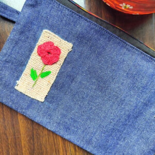 Red Flower Multipurpose Fabric Pouch for Women | Denim Zipper Pouch 9.5x5.5 inch - Image 2