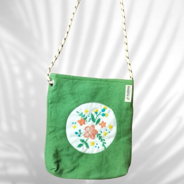 Green Hand Embroidered Small Sling Bag | Women Sling Bag | Cotton Slings - Image 4