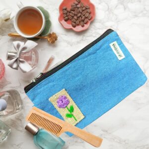 Hand embroidery Fabric Zipper Pouch, Cosmetic Pouch 9.5 x 5.5 In