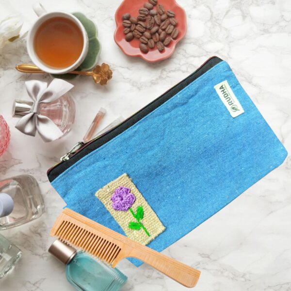 Hand embroidery Fabric Zipper Pouch, Cosmetic Pouch 9.5 x 5.5 In