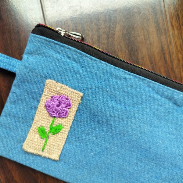 Hand embroidery Fabric Zipper Pouch, Cosmetic Pouch 9.5 x 5.5 In - Image 3