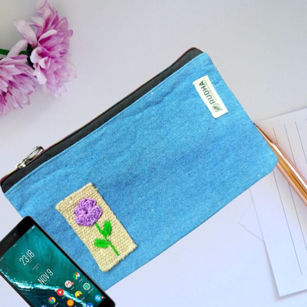 Hand embroidery Fabric Zipper Pouch, Cosmetic Pouch 9.5 x 5.5 In - Image 2