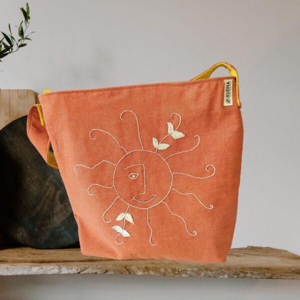Orange Women's Hobo Bags with Sun Embroidery | Cotton Shoulder Bags - Image 5
