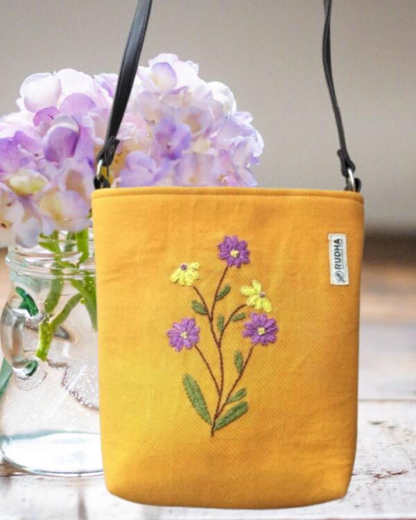 Purple flower Mustard Cotton Sling Bag | Hand-embroidered Bags for Women - Image 2