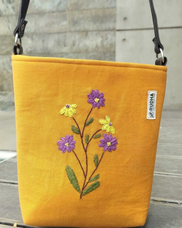 Purple flower Mustard Cotton Sling Bag | Hand-embroidered Bags for Women - Image 3