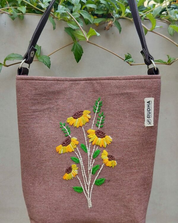 Hand-embroidered Yellow Flower Brown Sling Bag | Cotton bags for Girls - Image 5