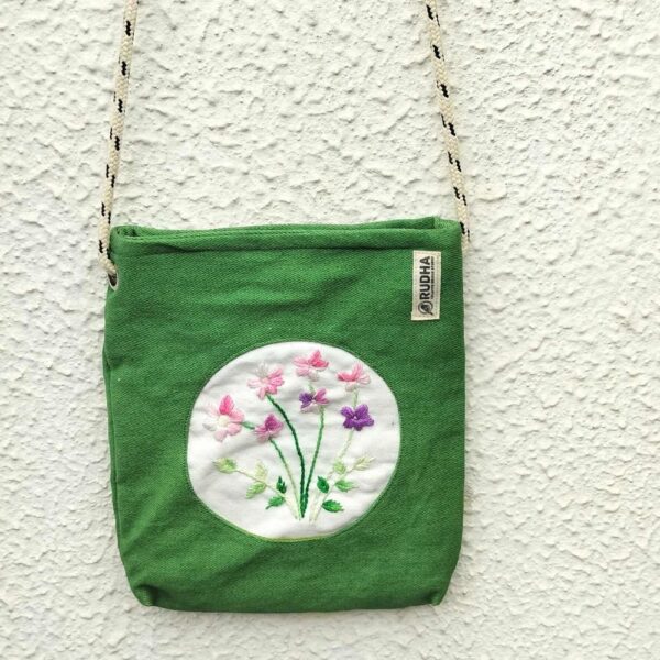 Flower embroidery Cotton Sling Bag, Green Sling Bags for Outing, Small Sling bag - Image 2