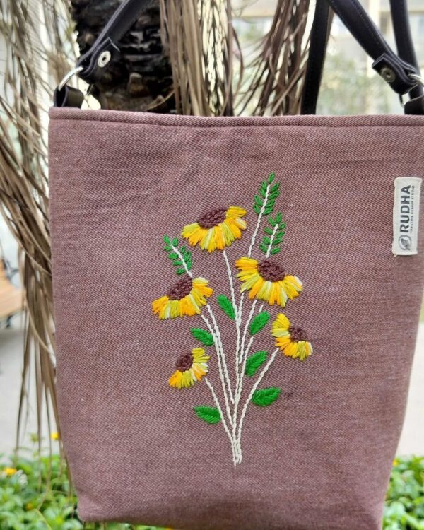 Hand-embroidered Yellow Flower Brown Sling Bag | Cotton bags for Girls