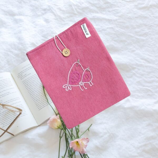 Pink Padded Book Protector, Hand Embroidered Book Pouch,Kindle Cover