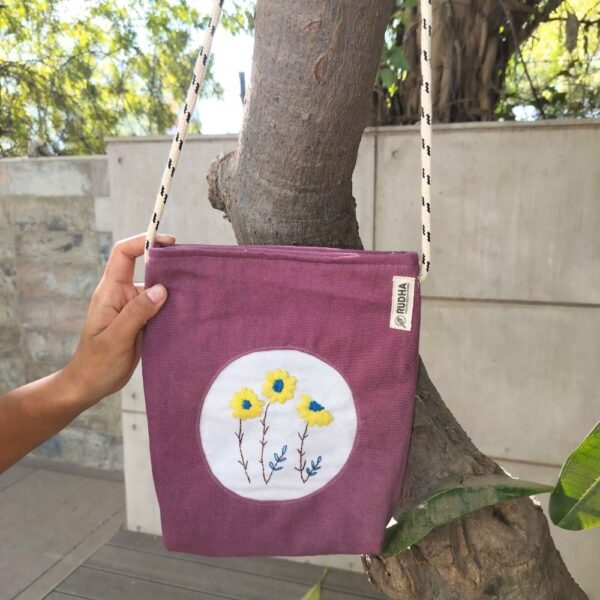 Sunflower Purple Cotton Sling bag for ladies, Travel bags - Image 2