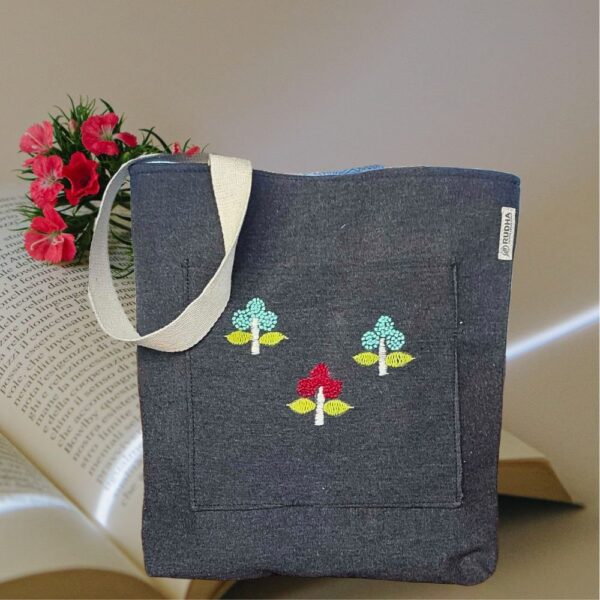 Black Hand Embroidered Cotton Totes For Women - Image 2