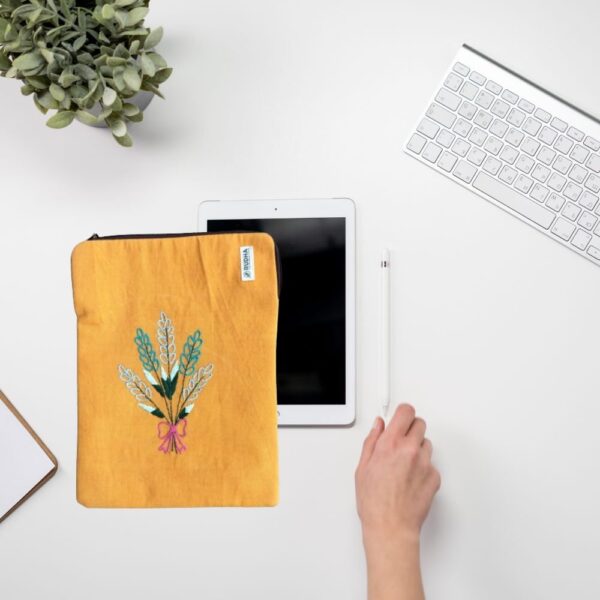 Yellow Fabric Ipad Pouch, Book Protector, Padded hand embroidered ipad sleeve - Image 2