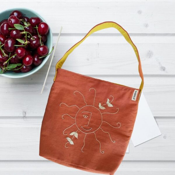 Orange Women's Hobo Bags with Sun Embroidery | Cotton Shoulder Bags - Image 2
