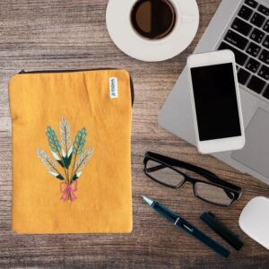 Yellow Fabric Ipad Pouch, Book Protector, Padded hand embroidered ipad sleeve
