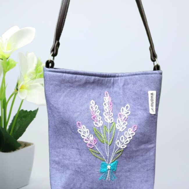 Brown - Cotton Fabric Hand Embroidered Sling Bag