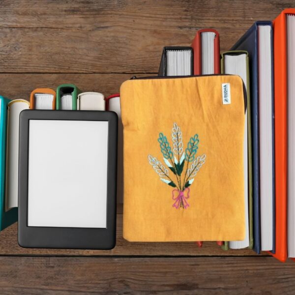 Yellow Fabric Ipad Pouch, Book Protector, Padded hand embroidered ipad sleeve - Image 3