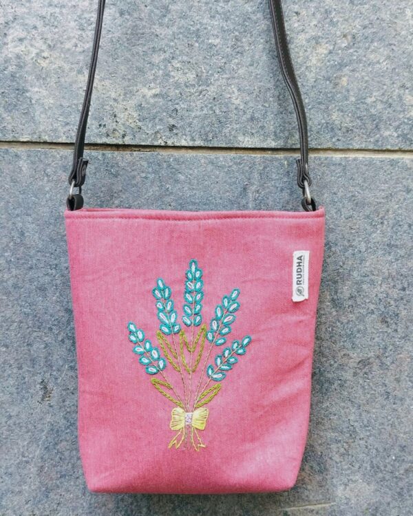 Cotton Sling Bags for Women | Hand embroidered Flower - Pink Sling Bag