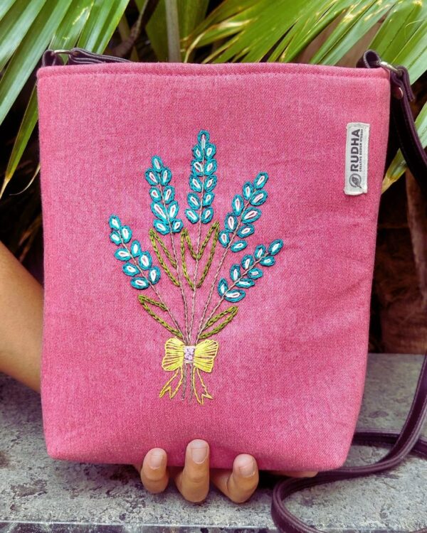 Cotton Sling Bags for Women | Hand embroidered Flower - Pink Sling Bag - Image 2