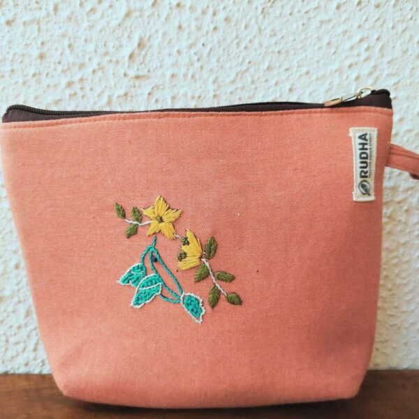 Hand Embroidered Rust Makeup Bag, Cosmetic Bag For Women, large zipper pouch - Image 2