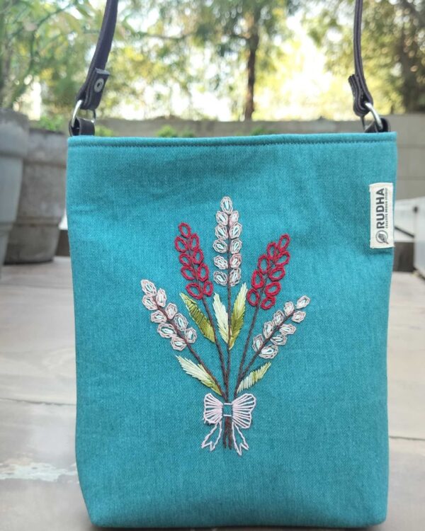 Cotton Sling Bags for Women | Sea Green hand embroidered Sling Bag - Image 2