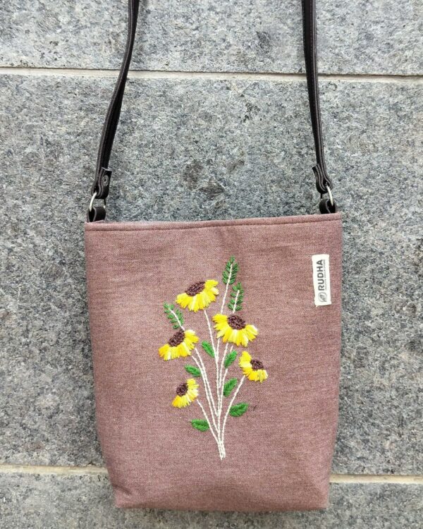 Hand-embroidered Yellow Flower Brown Sling Bag | Cotton bags for Girls - Image 4